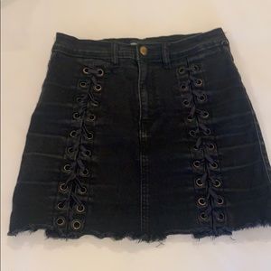 Neon blonde lace up denim black skirt